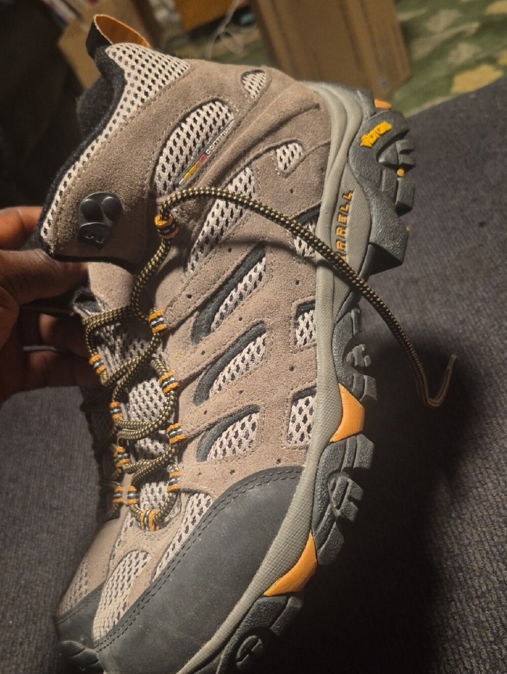 Merrell Taupe and Black Hiking Boots with Yellow Accents - Picture 3 of 9